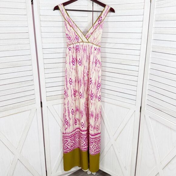 Loft Silk Ikat Tribal Print Maxi Dress Sundress Pink Cream Size 2 - Picture 11 of 15